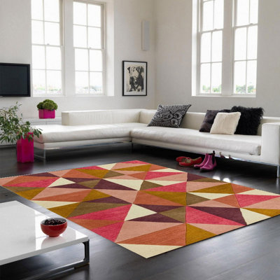 Kite Pink Multicolor Chequered Geometric Wool Hand Made Modern Rug for ...