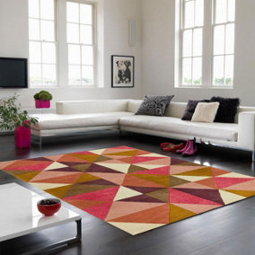 Kite Pink Multicolor Chequered Geometric Wool Hand Made Modern Rug for Bedroom & Living Room-120cm X 170cm