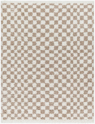 KITTU Shaggy Modern Plush Pile Light Brown Checkered Area Rug 200 x 275 cm