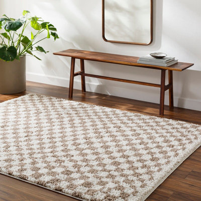 KITTU Shaggy Modern Plush Pile Light Brown Checkered Area Rug 200 x 275 cm