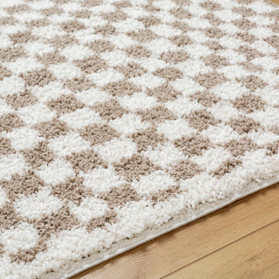 KITTU Shaggy Modern Plush Pile Light Brown Checkered Area Rug 200 x 275 cm