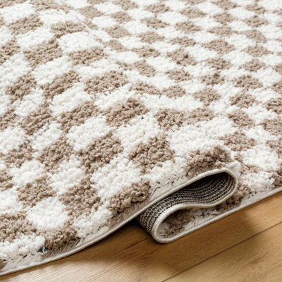 KITTU Shaggy Modern Plush Pile Light Brown Checkered Area Rug 200 x 275 cm