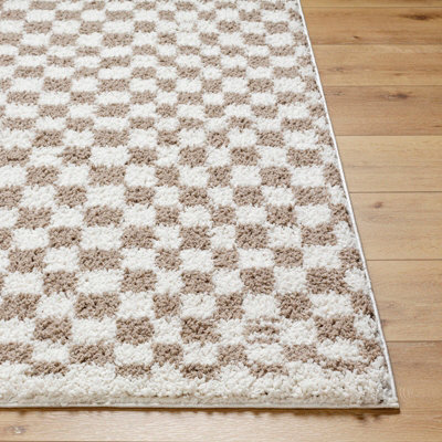 KITTU Shaggy Modern Plush Pile Light Brown Checkered Area Rug 200 x 275 cm