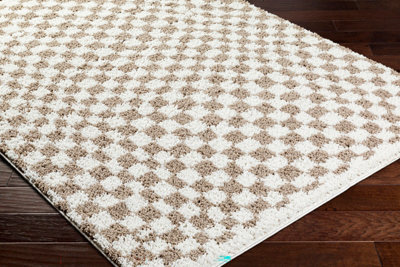 KITTU Shaggy Modern Plush Pile Light Brown Checkered Area Rug 200 x 275 cm