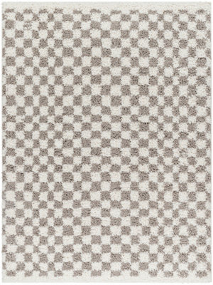 KITTU Shaggy Modern Plush Pile Light Grey Checkered Area Rug 200 x 275 cm