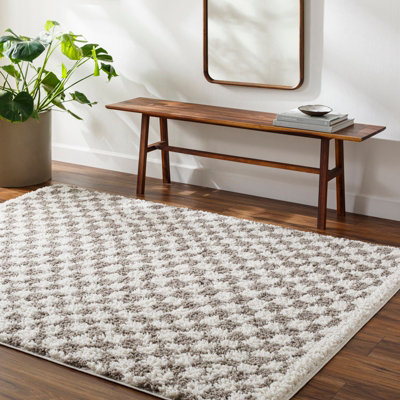 KITTU Shaggy Modern Plush Pile Light Grey Checkered Area Rug 200 x 275 cm