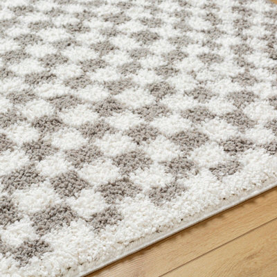 KITTU Shaggy Modern Plush Pile Light Grey Checkered Area Rug 200 x 275 cm