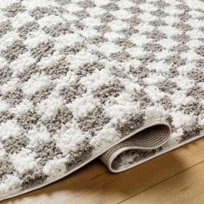 KITTU Shaggy Modern Plush Pile Light Grey Checkered Area Rug 200 x 275 cm