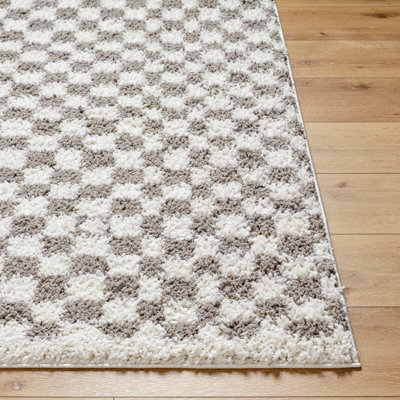 KITTU Shaggy Modern Plush Pile Light Grey Checkered Area Rug 200 x 275 cm