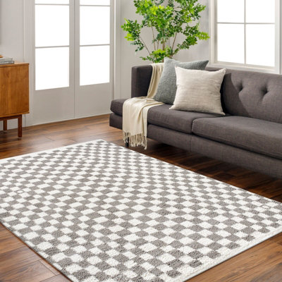 KITTU Shaggy Modern Plush Pile Light Grey Checkered Area Rug 200 x 275 cm