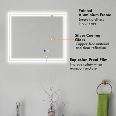 kleankin 60 x 50 cm Dimmable Bathroom Mirror with LED Lights, 3 Colours ...