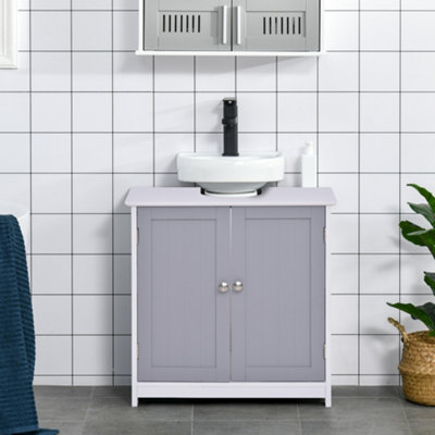 kleankin Modern Under Sink Cabinet with 2 Doors, Pedestal Under Sink Bathroom Cupboard with Adjustable Shelves, Gray and White