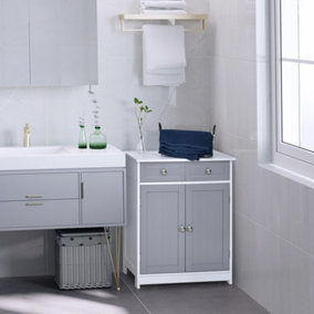kleankin 75x60cm Freestanding Bathroom Storage Cabinet Unit w/ 2 Drawers Cupboard Adjustable Shelf Metal Handles Grey White