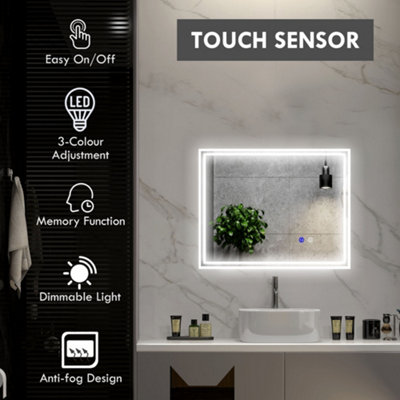 kleankin 90 x 70 cm Dimmable Bathroom Mirror with LED Lights, 3 Colours, Defogging Film