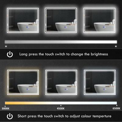 kleankin 90 x 70 cm Dimmable Bathroom Mirror with LED Lights, 3 Colours, Defogging Film