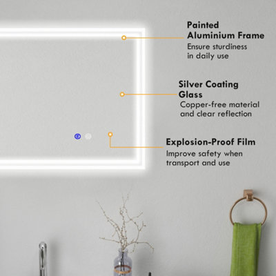 kleankin 90 x 70 cm Dimmable Bathroom Mirror with LED Lights, 3 Colours, Defogging Film