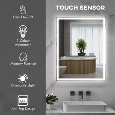 kleankin 90 x 70 cm Illuminated Bathroom Mirror, LED Lights, 3 Colours, Defogging Film
