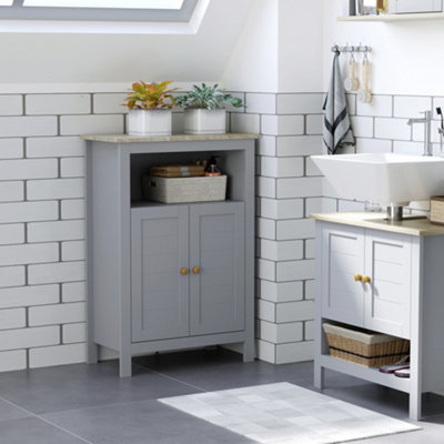 Kleankin Bathroom Floor Cabinet With 2 Storage Cabinets, Tempered Glass Door Freestanding Linen Tower With~1bbttefhq6g00