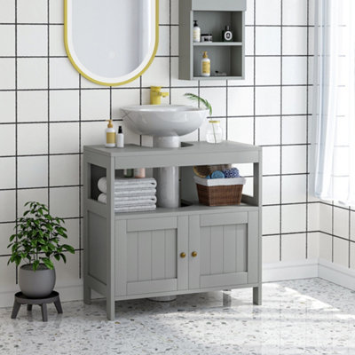 kleankin Bathroom Pedestal Under Sink Cabinet with Storage Shelves, Door, Grey