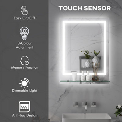 kleankin Dimmable Bathroom Mirror with Defogging Film and LED Lights, Clear