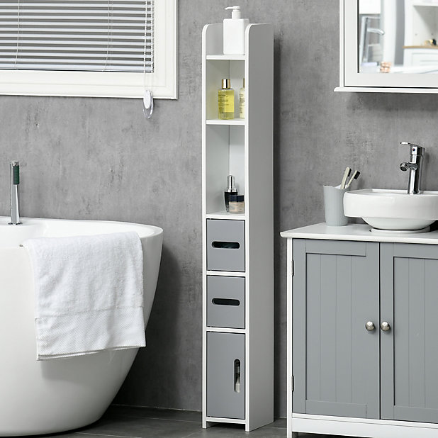 Kleankin Freestanding Tall Bathroom Cabinet W Open Shelves 3 Cupboards Grey Diy At B Q