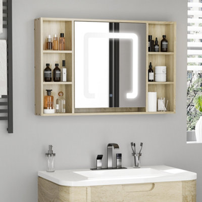 kleankin LED Bathroom Mirror Cabinet Wall Mounted W Adjustable Shelves Natural