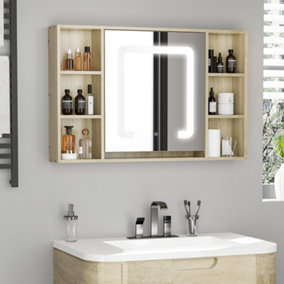 kleankin LED Bathroom Mirror Cabinet Wall-Mounted W/ Adjustable Shelves Natural