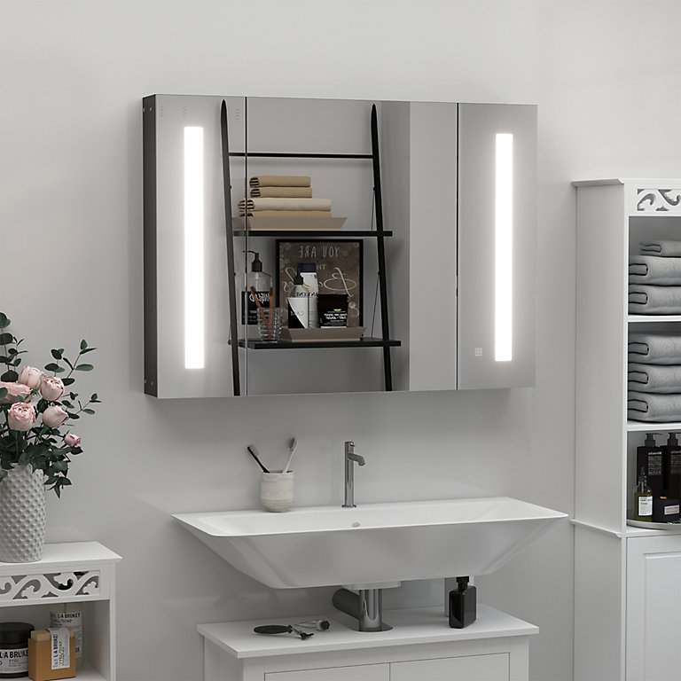 Kleankin Led Bathroom Mirror Cabinet With Shelves Wall Mount High Gloss Black Diy At B Q