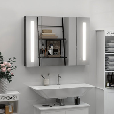 kleankin LED Bathroom Mirror Cabinet with Shelves Wall Mount High Gloss Black