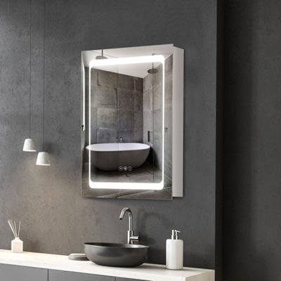 kleankin LED Lighted Bathroom Mirror Cabinet W/ LED Lights Shelves Wall ...
