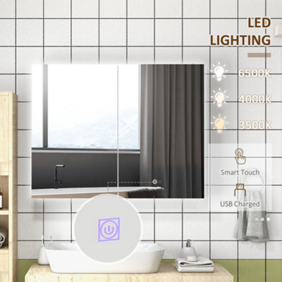 kleankin Wall Mounted Bathroom Storage Cupboard with Mirror, LED Light, USB