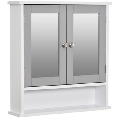 kleankin Bathroom Mirror Cabinet, Wall Mounted Storage Cupboard with Double  Doors and Adjustable Shelf Grey