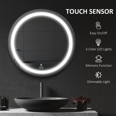 kleankin Wall Mounted Round LED Bathroom Mirror with 3 Light Colours, Black