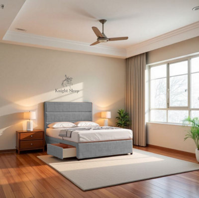 Knight Sleep York Silver Plush 4FT6 Princess Sprung Divan Bed Set With Mattress, 2 Drawers & Headboard-Double
