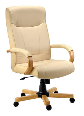 Knightsbridge Executive Chair in Cream Bonded Leather, with Light Wood Finish and Seat Height Adjustment and Tilt