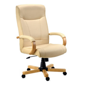 Knightsbridge Executive Chair in Cream Bonded Leather, with Light Wood Finish and Seat Height Adjustment and Tilt