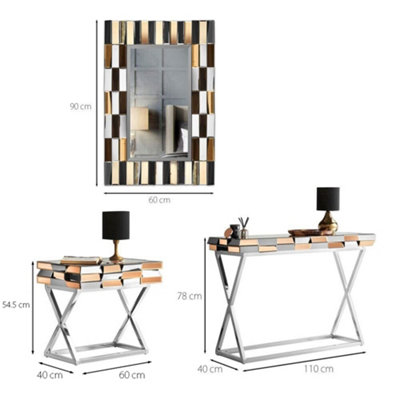 Knightsbridge Rosegold Rectangle Mirror Console and Side Table 3 Piece Set