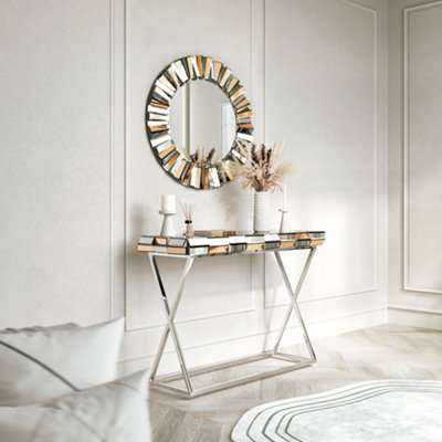 Knightsbridge Rosegold Round Mirror and Console 2 Piece Set