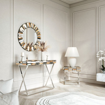 Knightsbridge Rosegold Round Mirror Console and Side Table 3 Piece Set