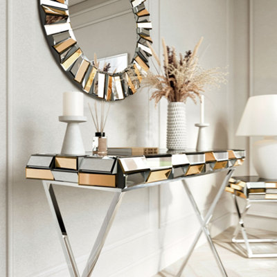 Knightsbridge Rosegold Round Mirror Console and Side Table 3 Piece Set