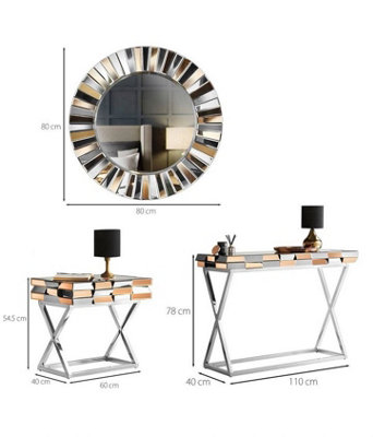 Knightsbridge Rosegold Round Mirror Console and Side Table 3 Piece Set