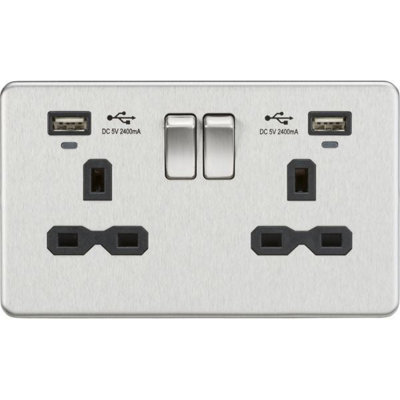 Knightsbridge Screwless Double Switched Socket Dual USB-A LED 13A 2 Gang Brushed Chrome / Black - SFR9904NBC