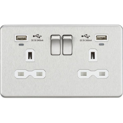 Knightsbridge Screwless Double Switched Socket Dual USB-A LED 13A 2 Gang Brushed Chrome / White - SFR9904NBCW