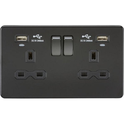 Knightsbridge Screwless Double Switched Socket Dual USB-A LED 13A 2 Gang Matt Black - SFR9904NMBB