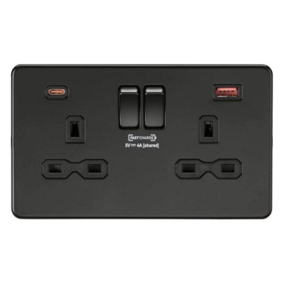 Knightsbridge Screwless Double Switched Socket Dual USB-C USB-A FASTCHARGE Matt Black - SFR9909MBB