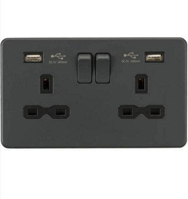 Knightsbridge Screwless Double Switched Socket with Dual USB A 13A Anthracite - SFR9224AT