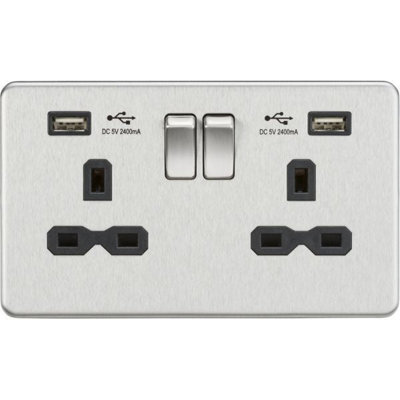 Knightsbridge Screwless Double Switched Socket with Dual USB A 13A Brushed Chrome / Black - SFR9224BC