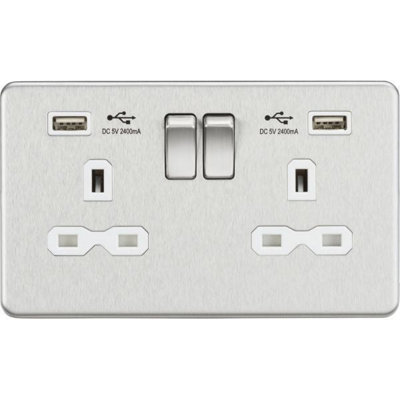 Knightsbridge Screwless Double Switched Socket with Dual USB A 13A Brushed Chrome / White- SFR9224BCG