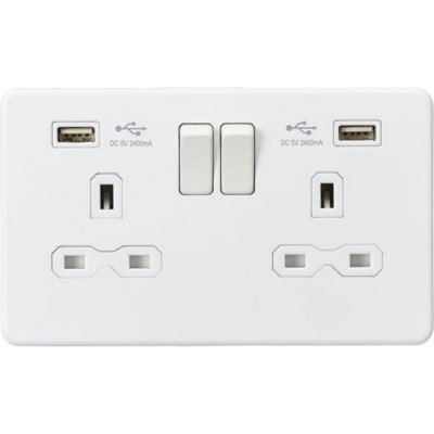 Knightsbridge Screwless Double Switched Socket with Dual USB A 13A Matt White - SFR9224MW