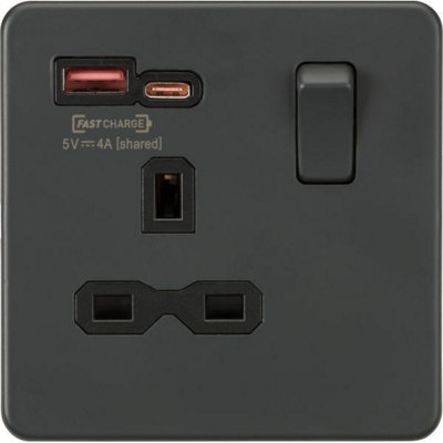 Knightsbridge Screwless Single Switched Socket Dual USB-C USB-A FASTCHARGE Anthracite - SFR9919AT